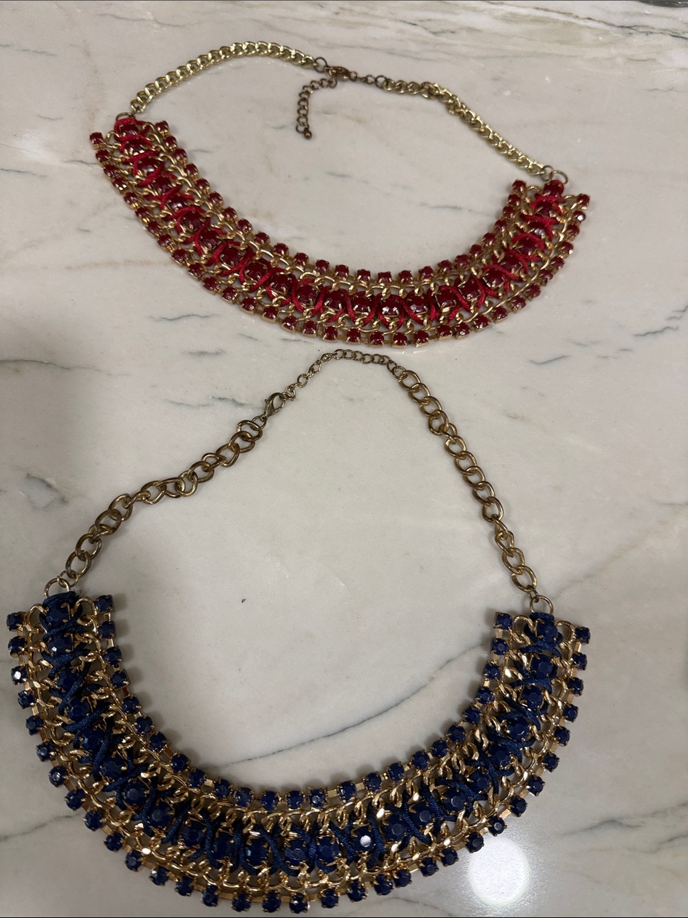 2 piece Gold-Tone Bib Necklace with Red Accents